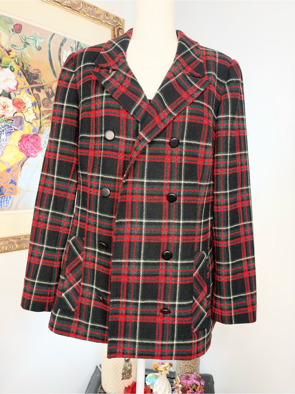 Women’s Black Red Plaid Double-Breasted Pea Coat | Lined Collared Pockets